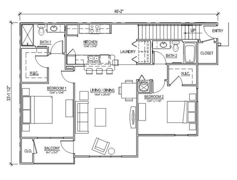 Floor plan for 2 beds, 2 baths, 1303 sqft